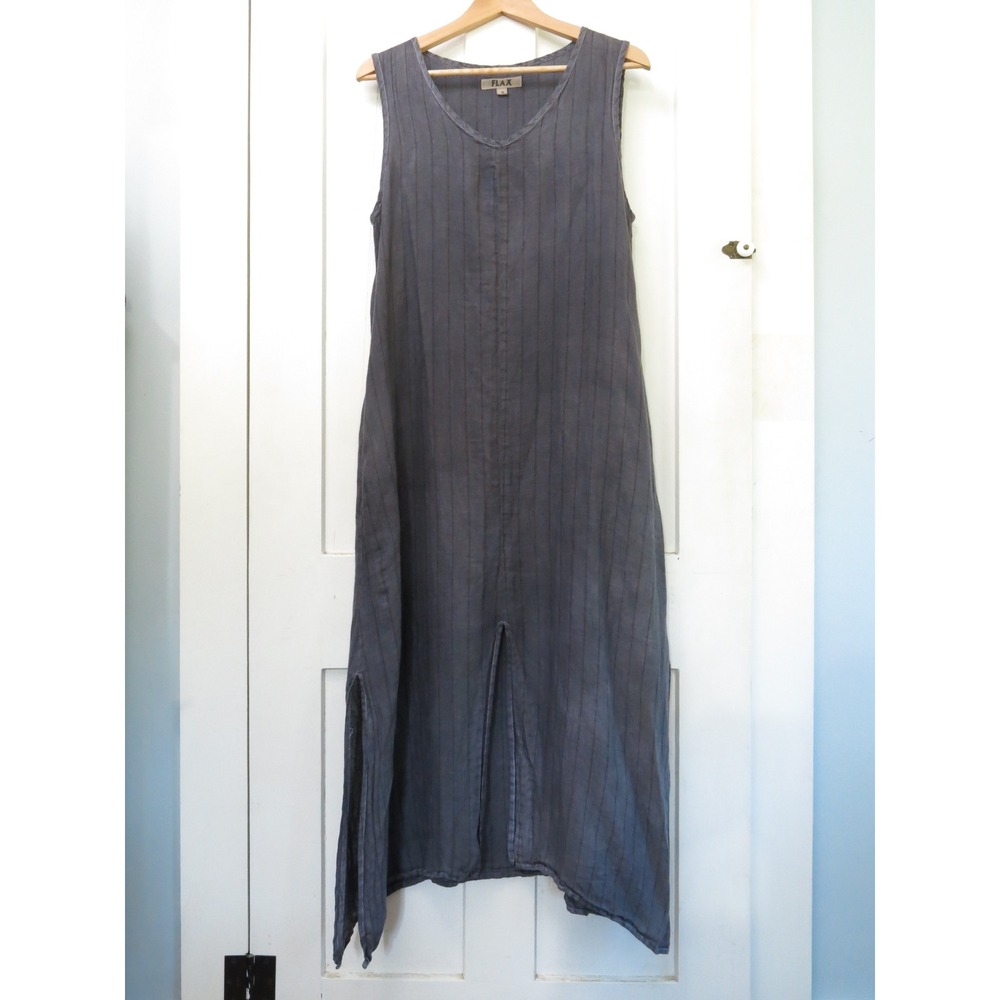 FLAX Sleeveless Linen Midi Dress Grey Pinstripe V-Neck Pockets Lagenlook Small
